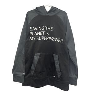 Hand Printed Upcycled Youth Medium Saving the Planet is My Superpower Hoodie